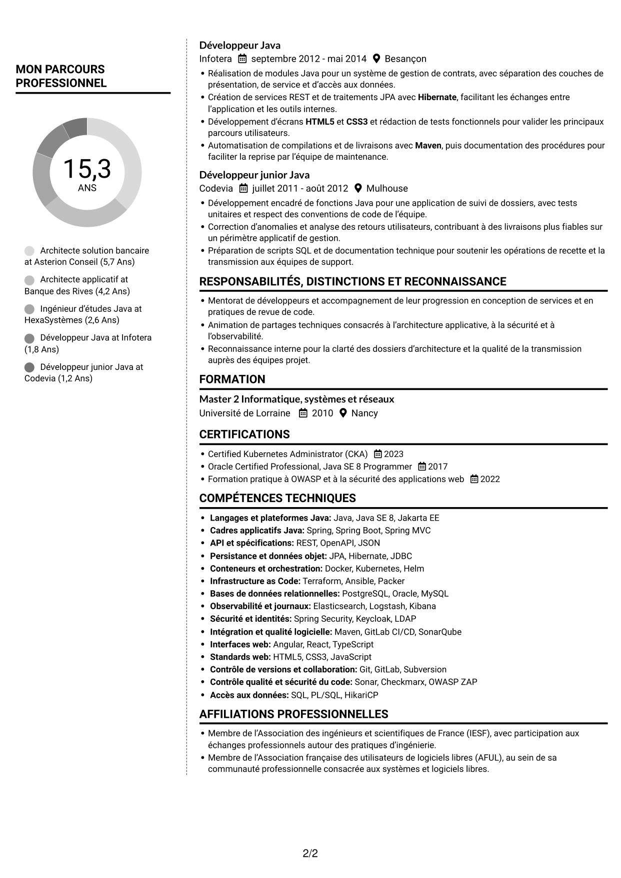 CV Moderne (format à deux colonnes avec photo à gauche et séparateur) : Architecte solution - Services financiers, page 2