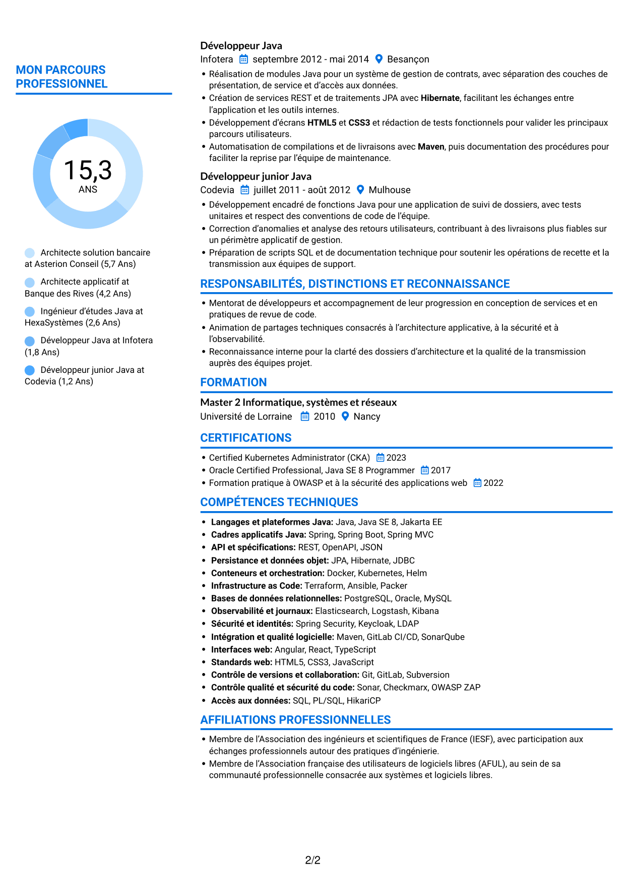 CV Audacieux (format à deux colonnes avec accents colorés et photo) : Architecte solution - Services financiers, page 2