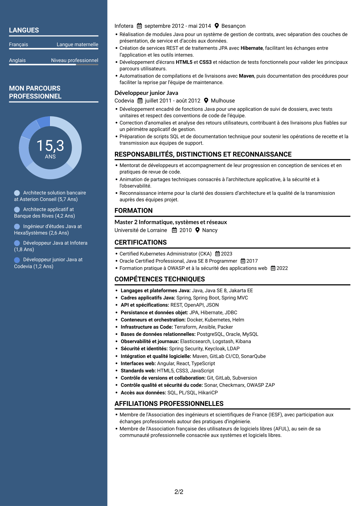 CV Signature (format à colonne latérale colorée avec grande photo) : Architecte solution - Services financiers, page 2