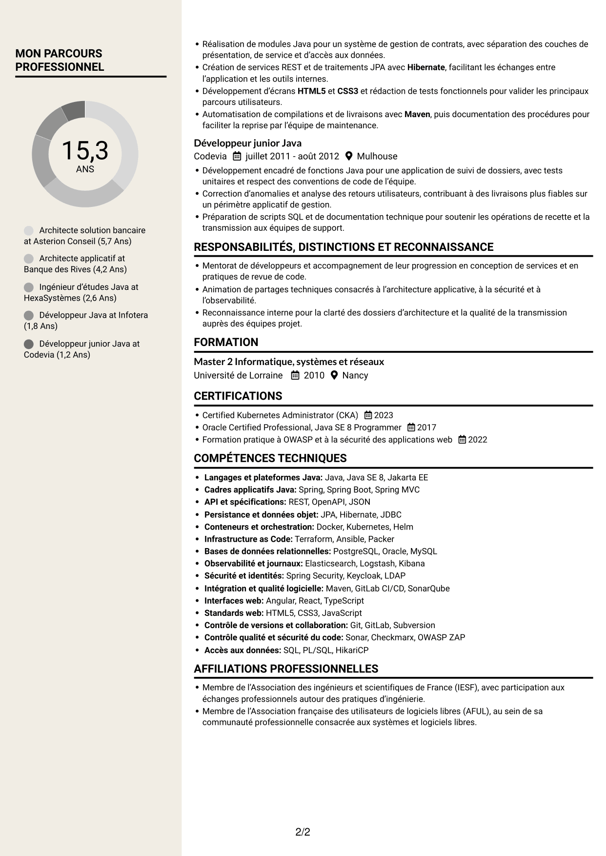 CV Fonceur (format à deux colonnes avec en-tête centré sans photo) : Architecte solution - Services financiers, page 2