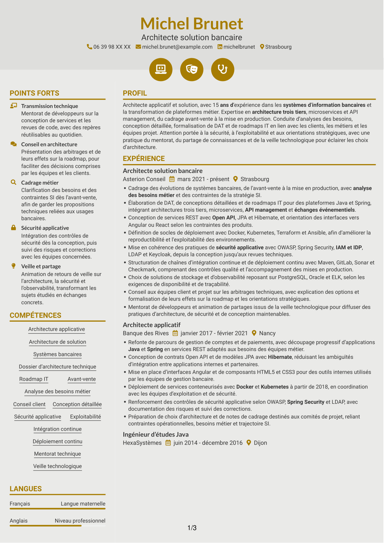 CV Dynamique (format à deux colonnes avec icônes) : Architecte solution - Services financiers, page 1