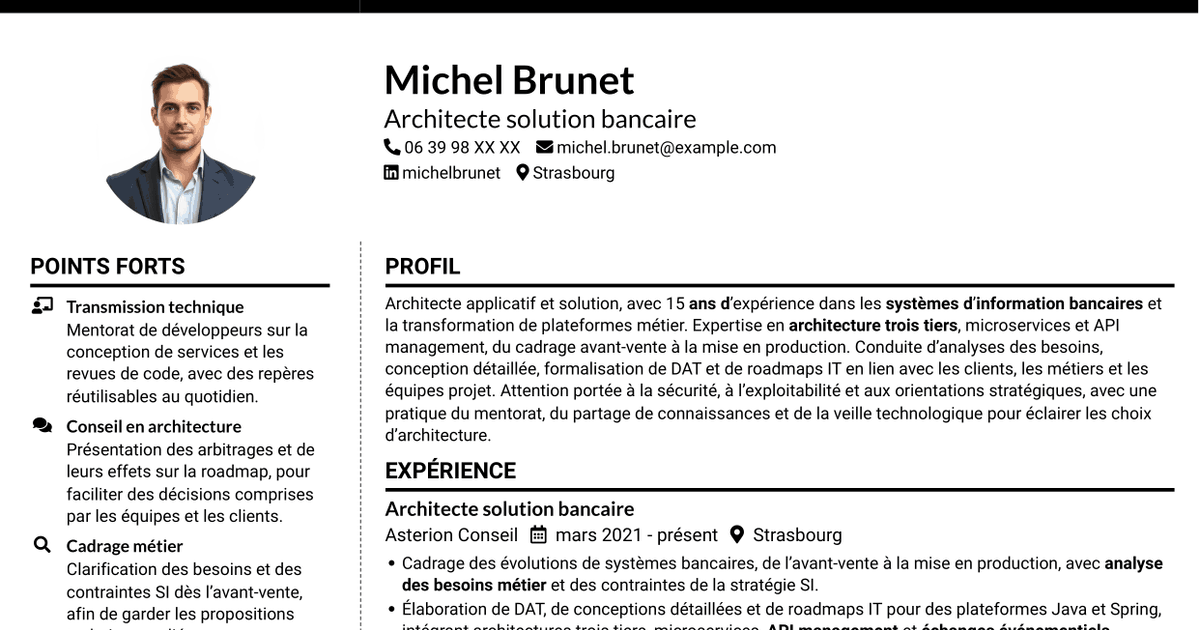 7 modèles de CV pour Architecte solution - Services financiers, avec exemples