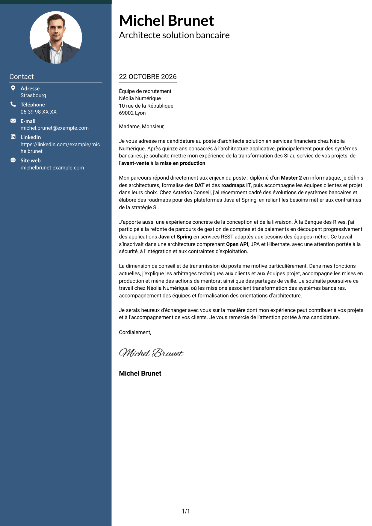 Lettre de motivation Élégant (format à colonne latérale colorée avec photo) : Architecte solution - Services financiers, page 1
