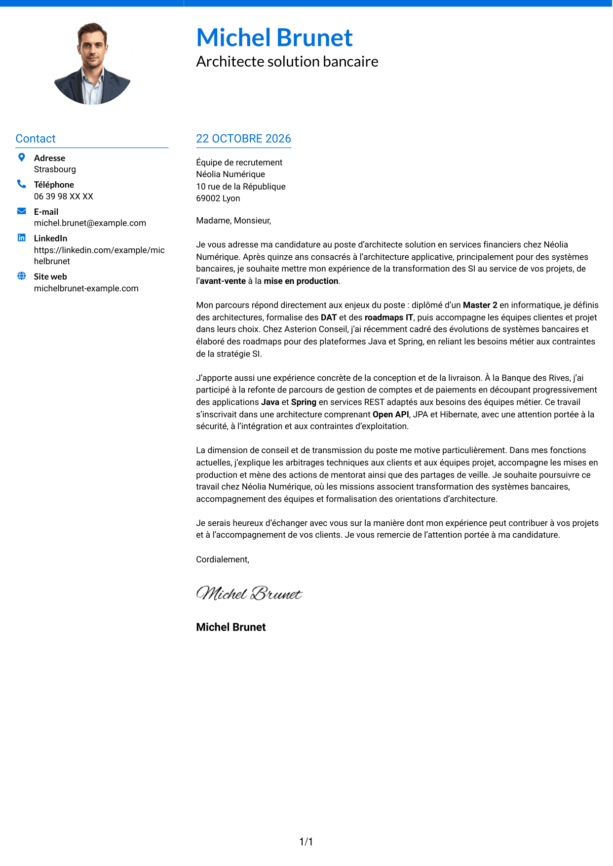 Lettre de motivation Audacieux (format à deux colonnes avec accents colorés et photo) : Architecte solution - Services financiers, page 1