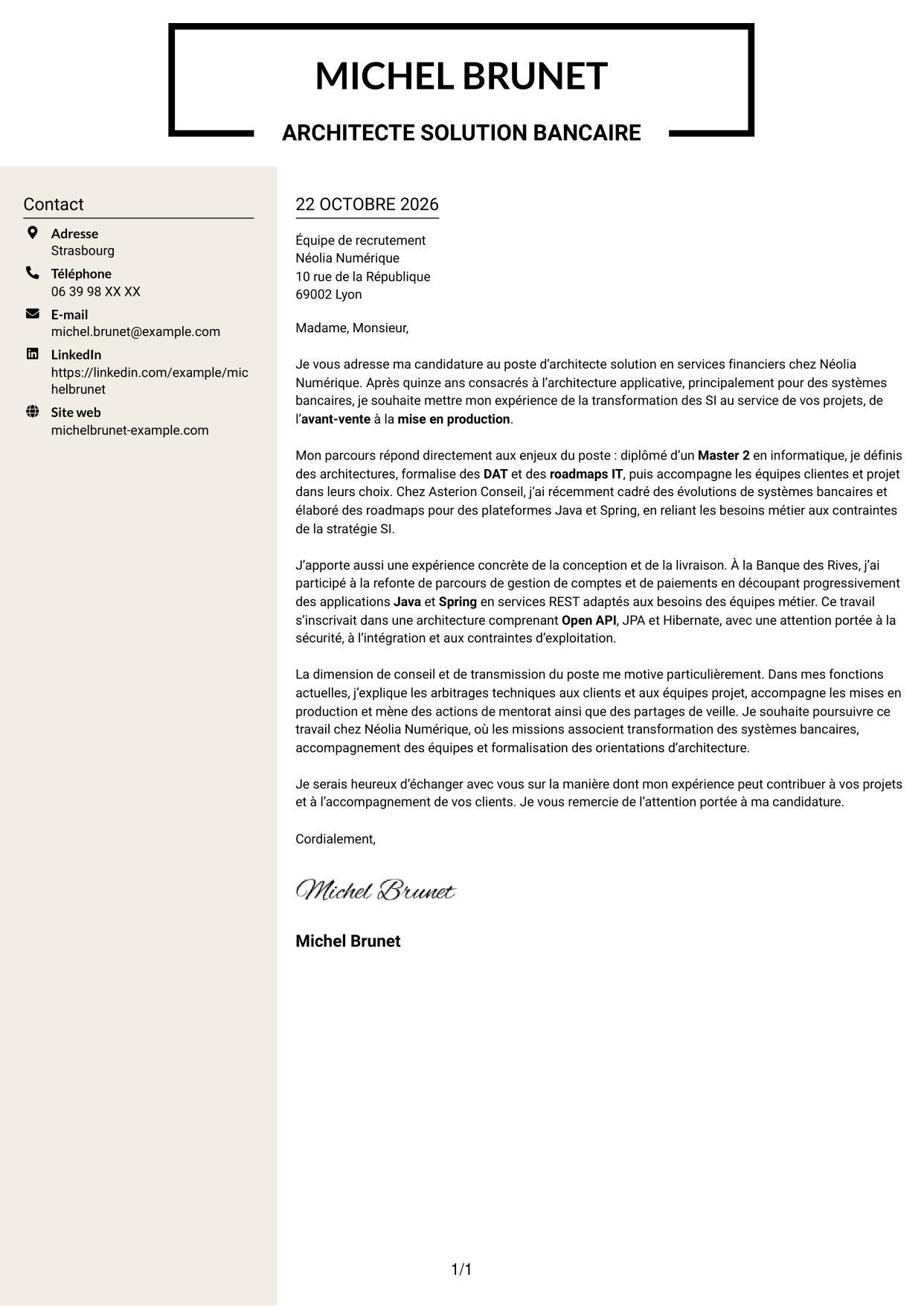 Lettre de motivation Fonceur (format à deux colonnes avec en-tête centré sans photo) : Architecte solution - Services financiers, page 1