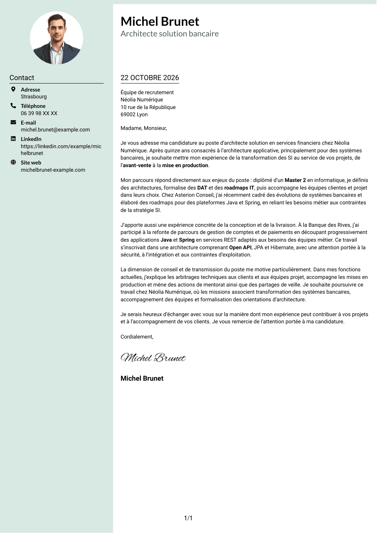 Lettre de motivation Cadre (format à colonne latérale douce avec photo arrondie) : Architecte solution - Services financiers, page 1