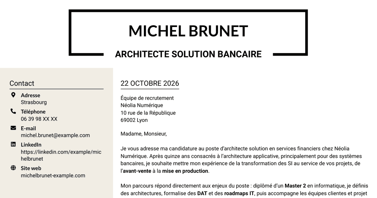 7 modèles de lettre de motivation pour Architecte solution - Services financiers, avec exemples