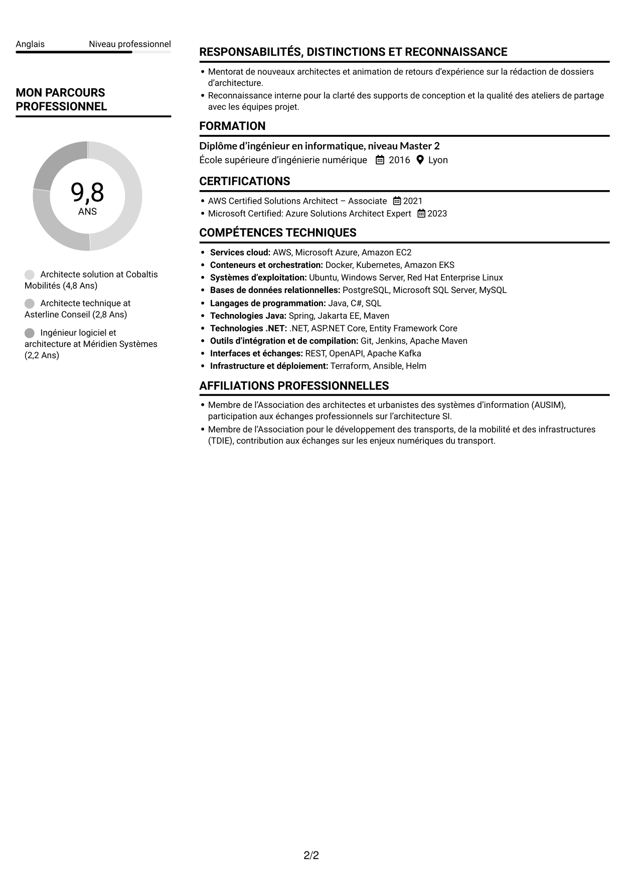 CV Compact (format sobre à deux colonnes avec photo) : Architecte Solution - Transport, page 2