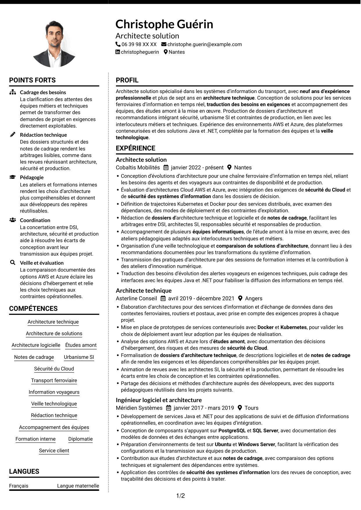 CV Moderne (format à deux colonnes avec photo à gauche et séparateur) : Architecte Solution - Transport, page 1