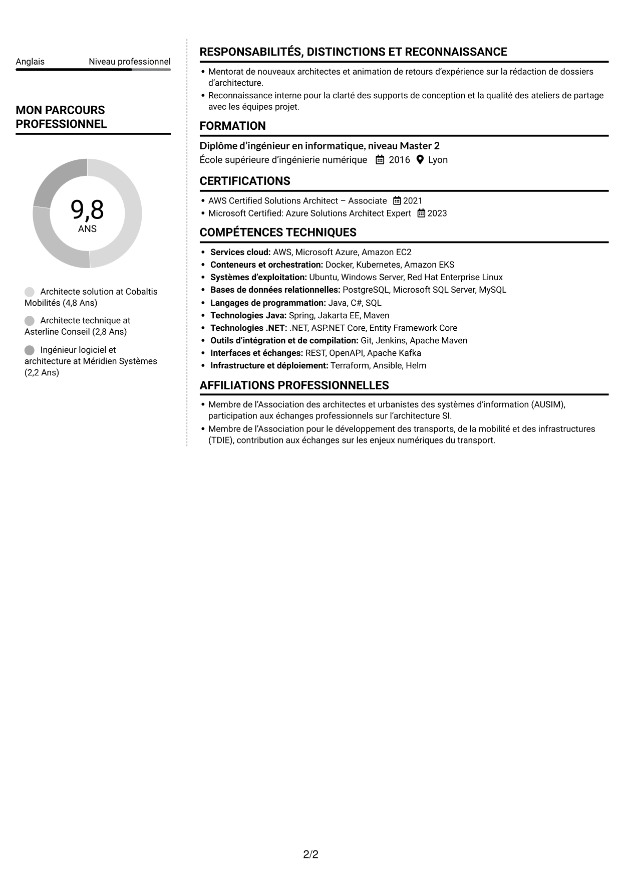 CV Moderne (format à deux colonnes avec photo à gauche et séparateur) : Architecte Solution - Transport, page 2