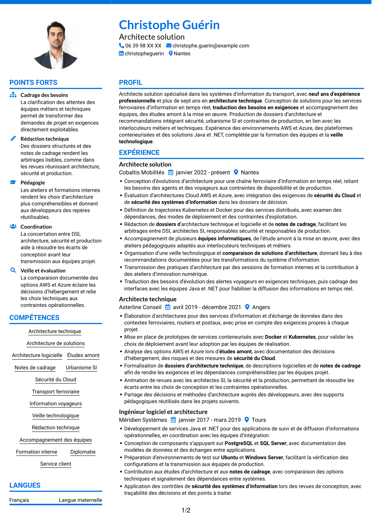 CV Audacieux (format à deux colonnes avec accents colorés et photo) : Architecte Solution - Transport, page 1