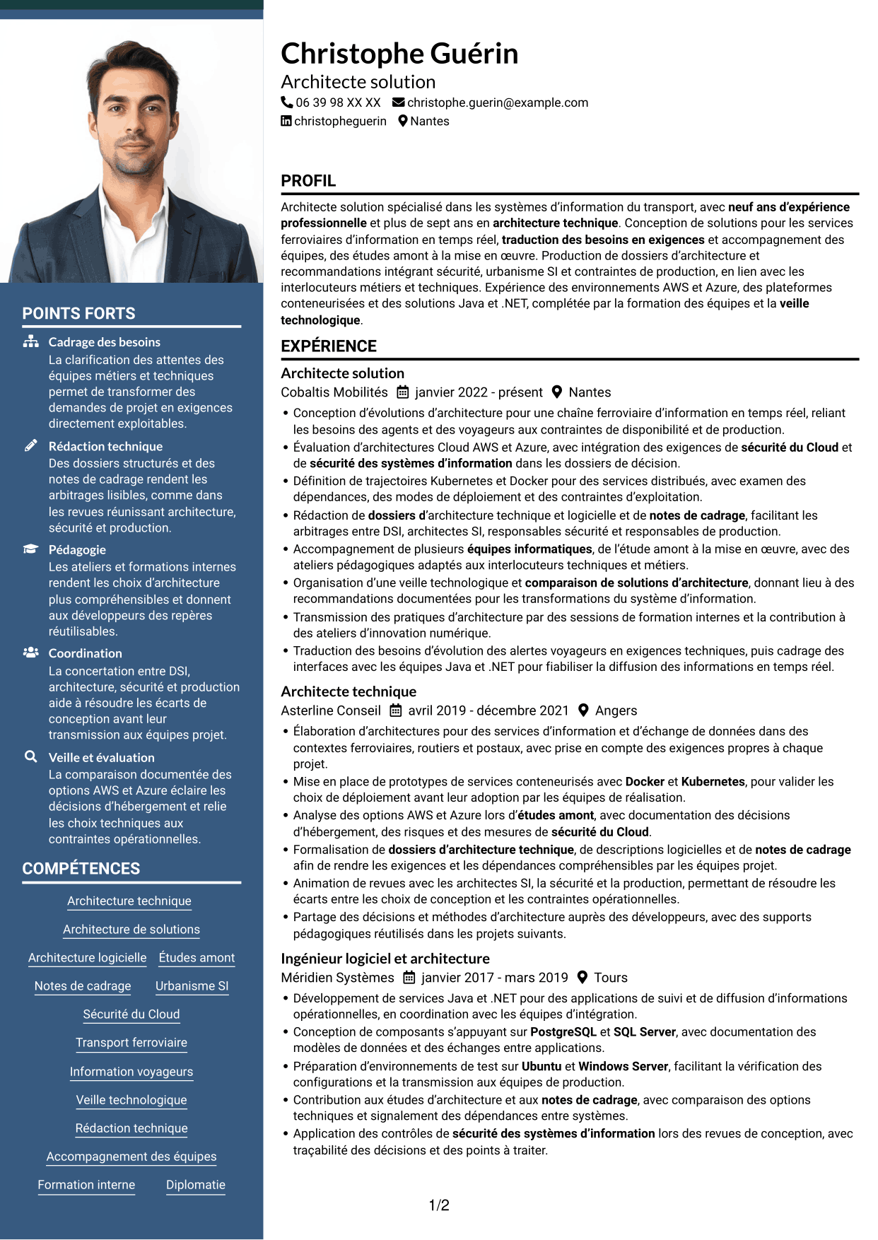 CV Signature (format à colonne latérale colorée avec grande photo) : Architecte Solution - Transport, page 1