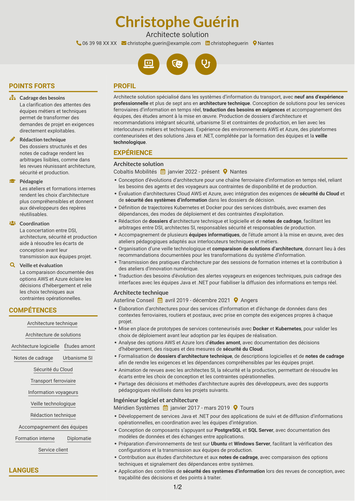 CV Dynamique (format à deux colonnes avec icônes) : Architecte Solution - Transport, page 1