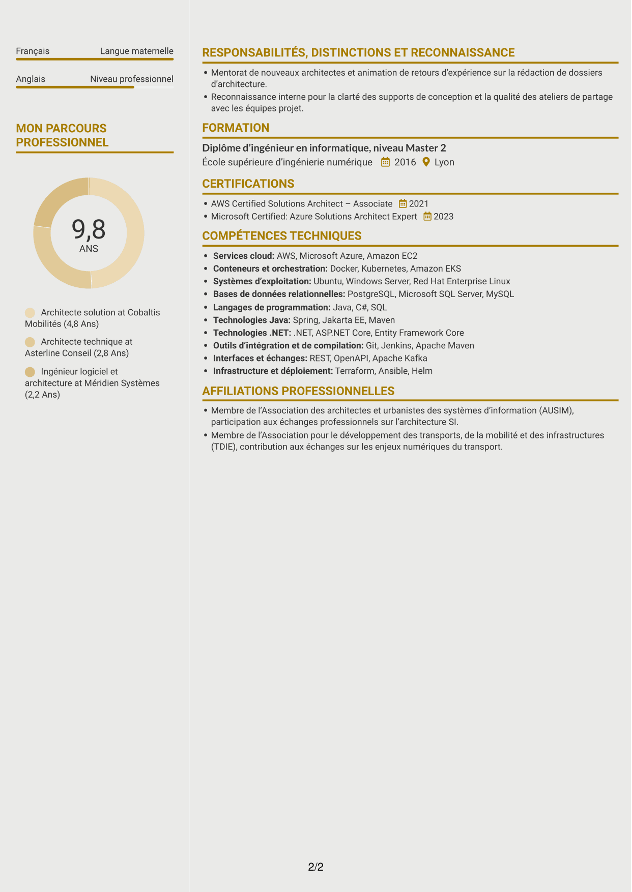 CV Dynamique (format à deux colonnes avec icônes) : Architecte Solution - Transport, page 2