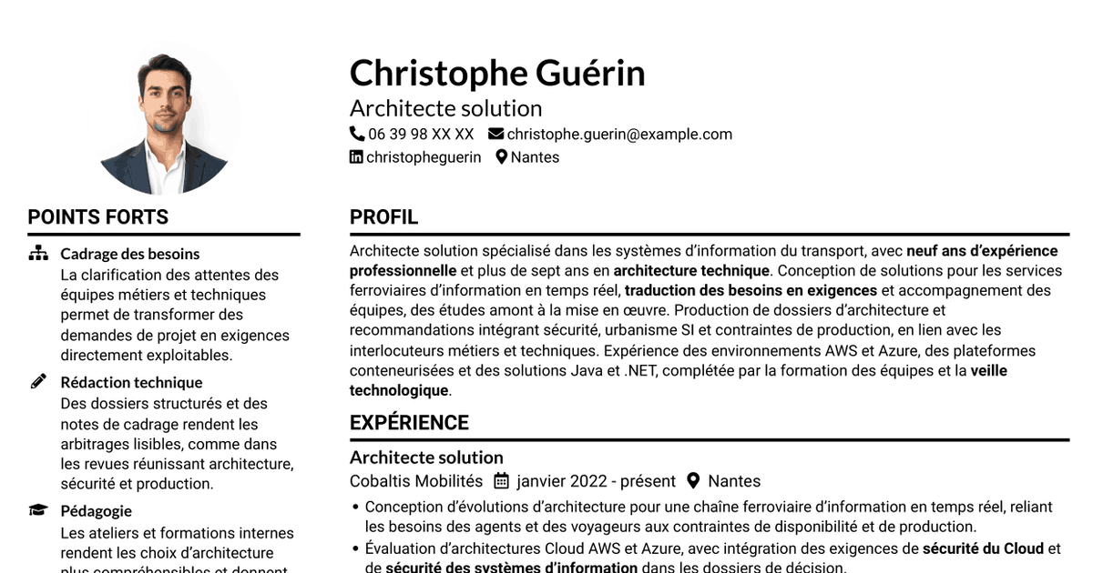 7 modèles de CV pour Architecte Solution - Transport, avec exemples