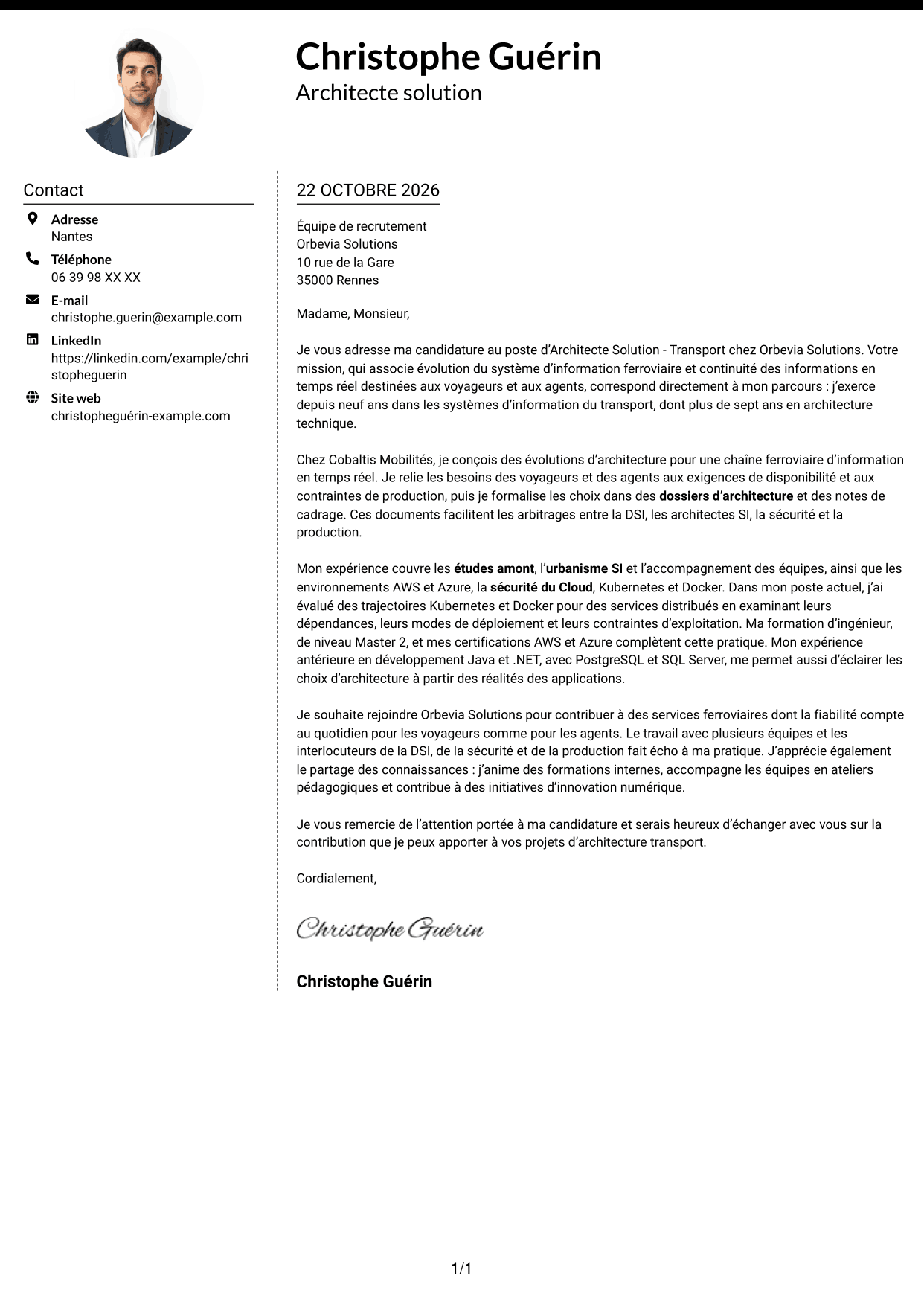 Lettre de motivation Moderne (format à deux colonnes avec photo à gauche et séparateur) : Architecte Solution - Transport, page 1