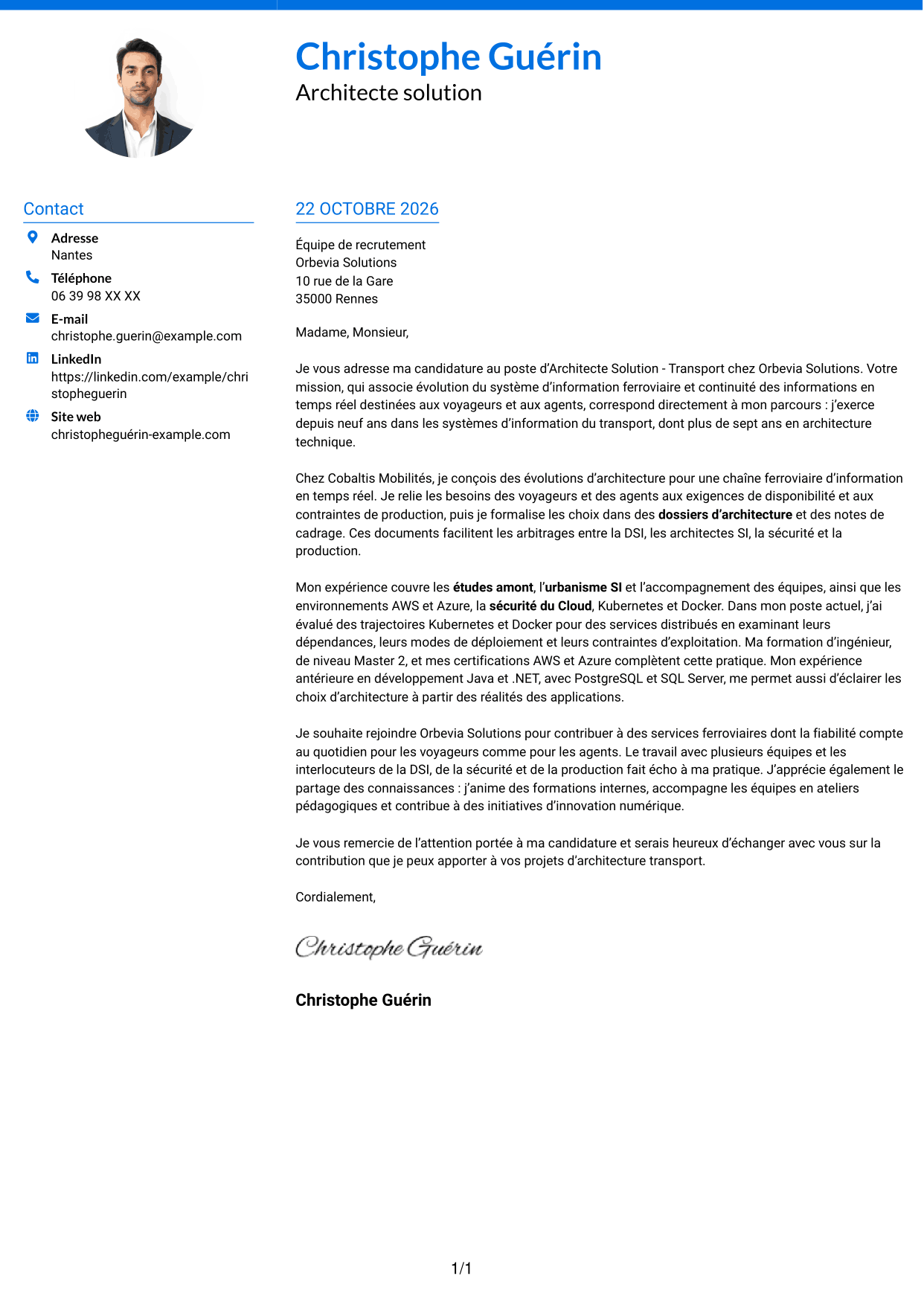 Lettre de motivation Audacieux (format à deux colonnes avec accents colorés et photo) : Architecte Solution - Transport, page 1