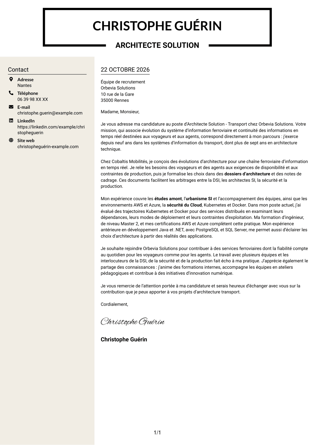 Lettre de motivation Fonceur (format à deux colonnes avec en-tête centré sans photo) : Architecte Solution - Transport, page 1