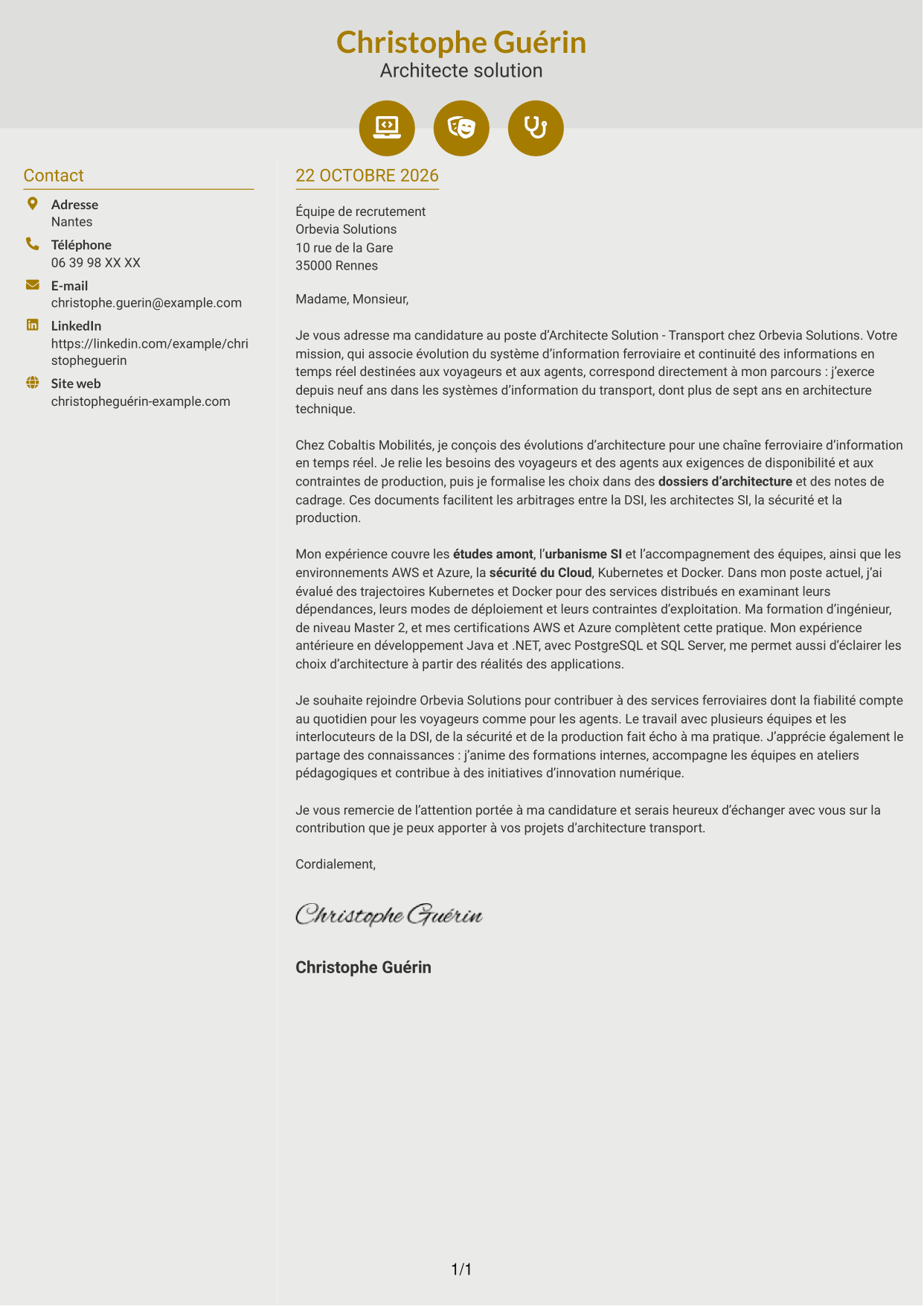 Lettre de motivation Dynamique (format à deux colonnes avec icônes) : Architecte Solution - Transport, page 1