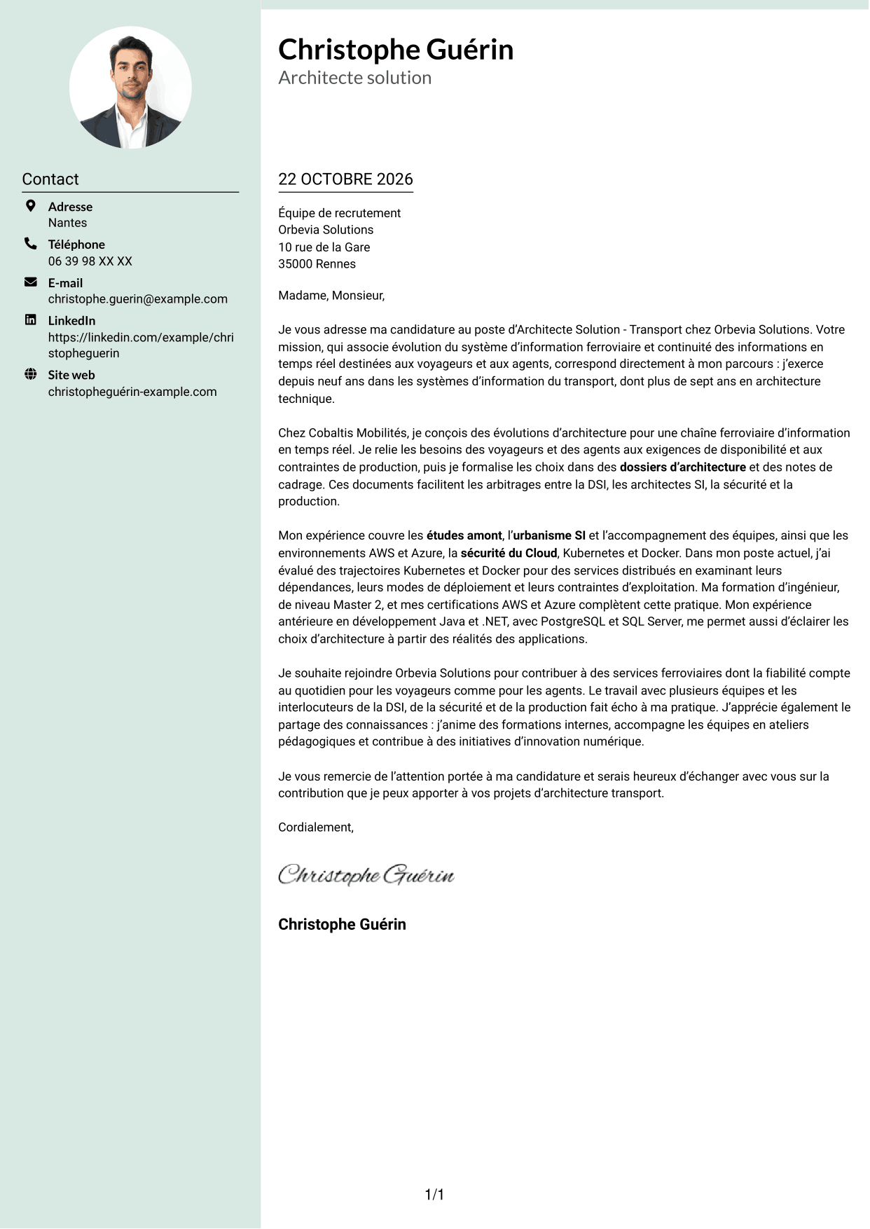 Lettre de motivation Cadre (format à colonne latérale douce avec photo arrondie) : Architecte Solution - Transport, page 1