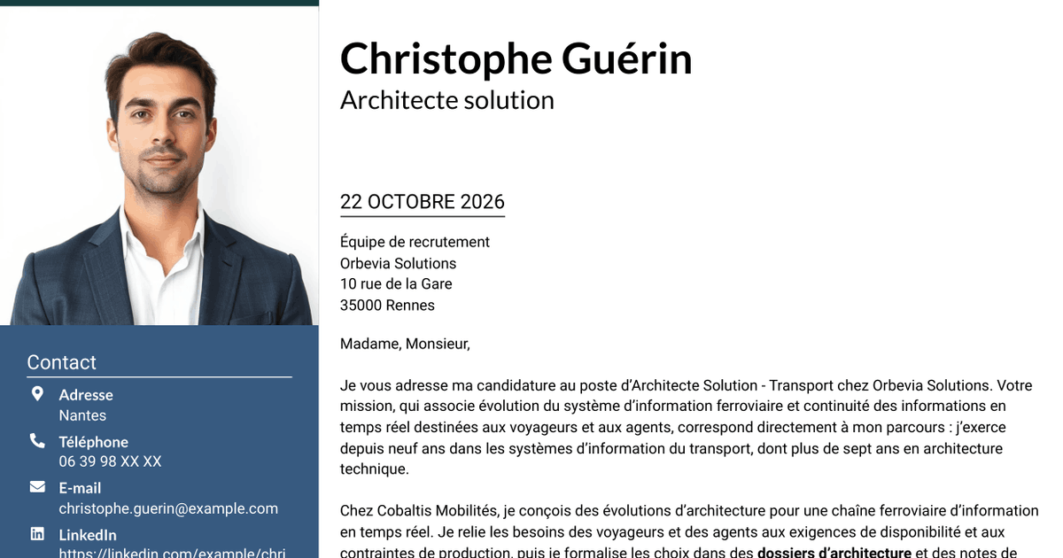 7 modèles de lettre de motivation pour Architecte Solution - Transport, avec exemples
