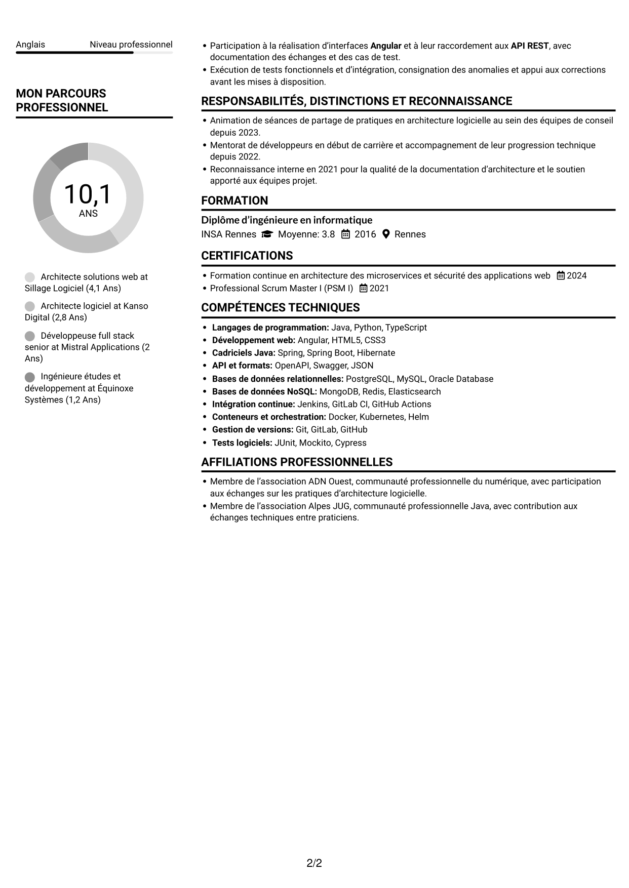 CV Compact (format sobre à deux colonnes avec photo) : Architecte Solution Web - Java, Angular et Python, page 2