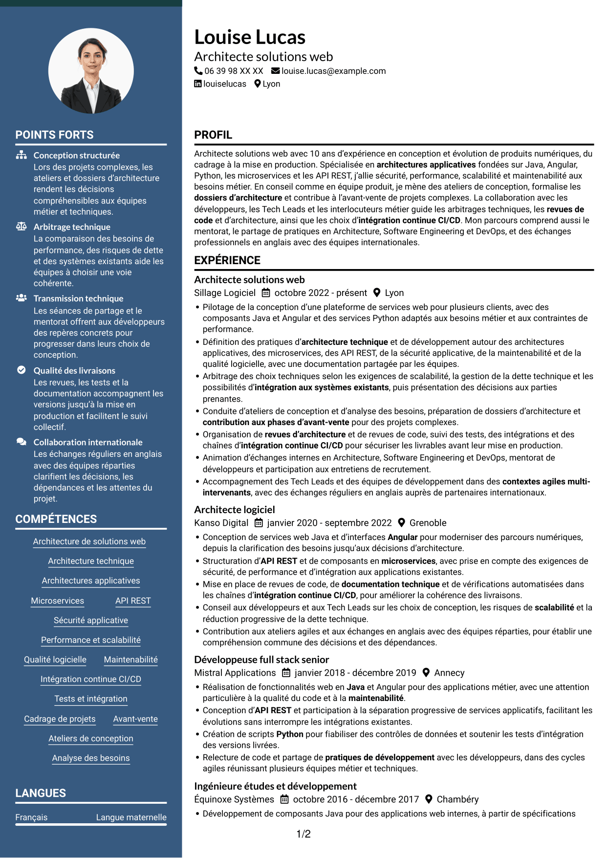 CV Élégant (format à colonne latérale colorée avec photo) : Architecte Solution Web - Java, Angular et Python, page 1