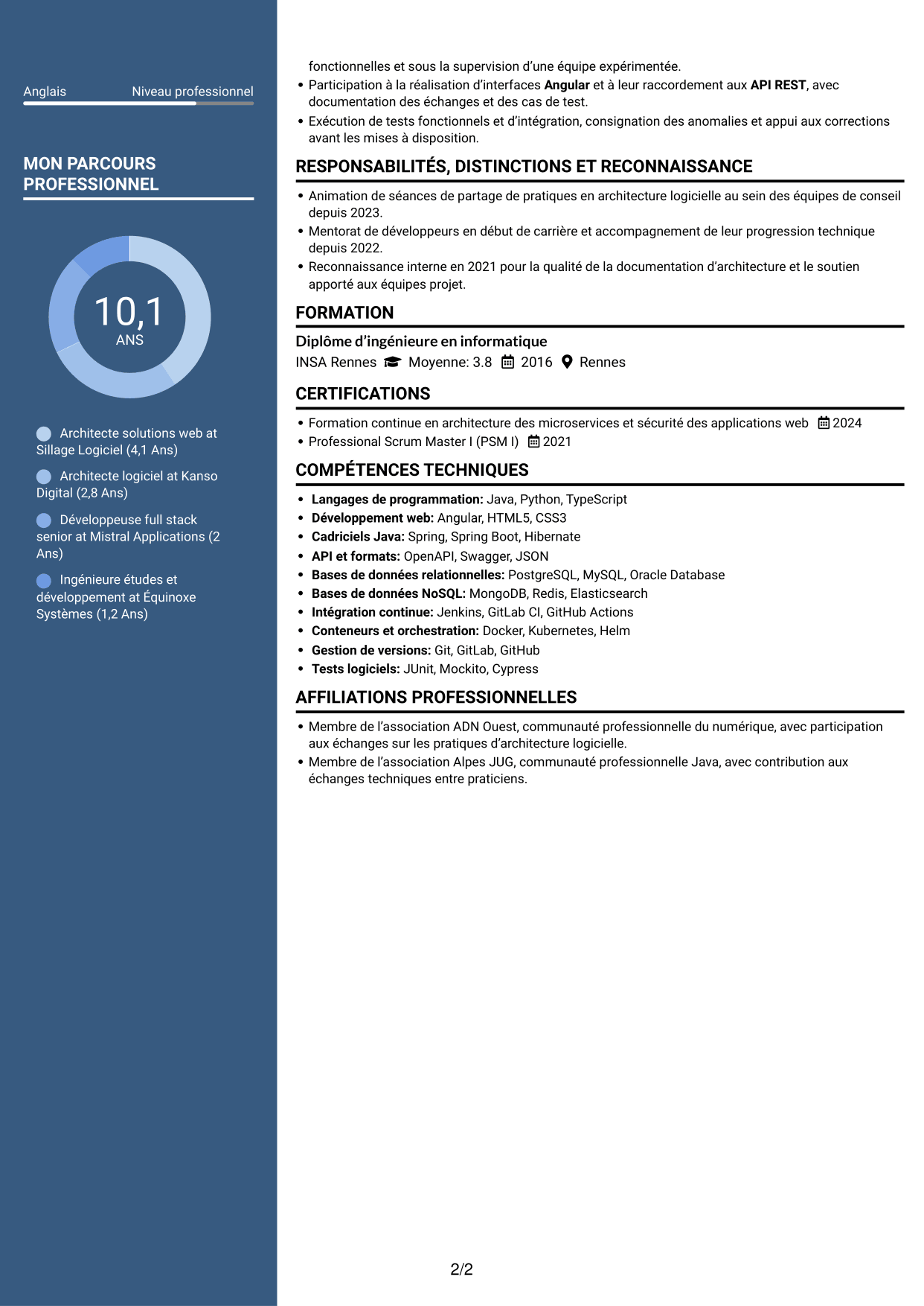 CV Élégant (format à colonne latérale colorée avec photo) : Architecte Solution Web - Java, Angular et Python, page 2