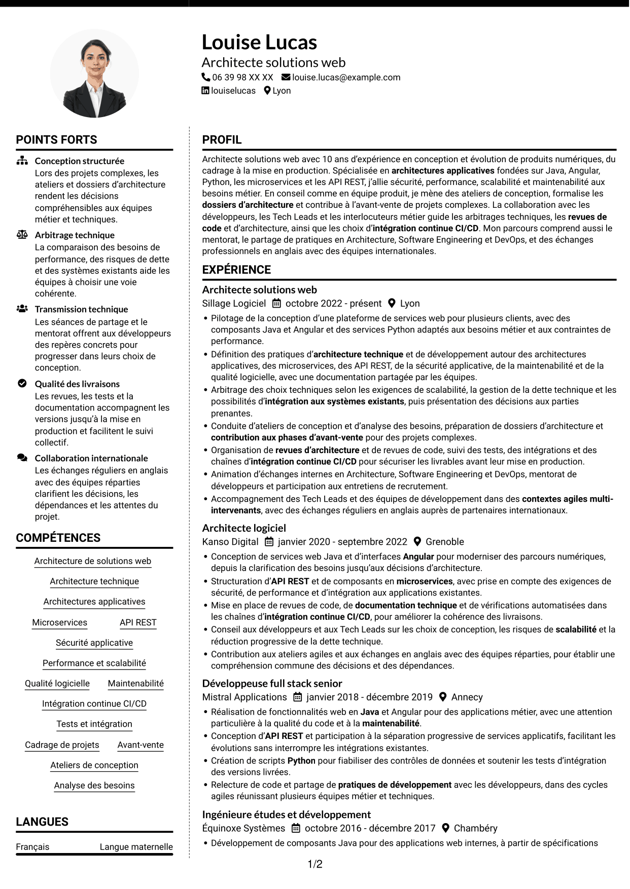 CV Moderne (format à deux colonnes avec photo à gauche et séparateur) : Architecte Solution Web - Java, Angular et Python, page 1