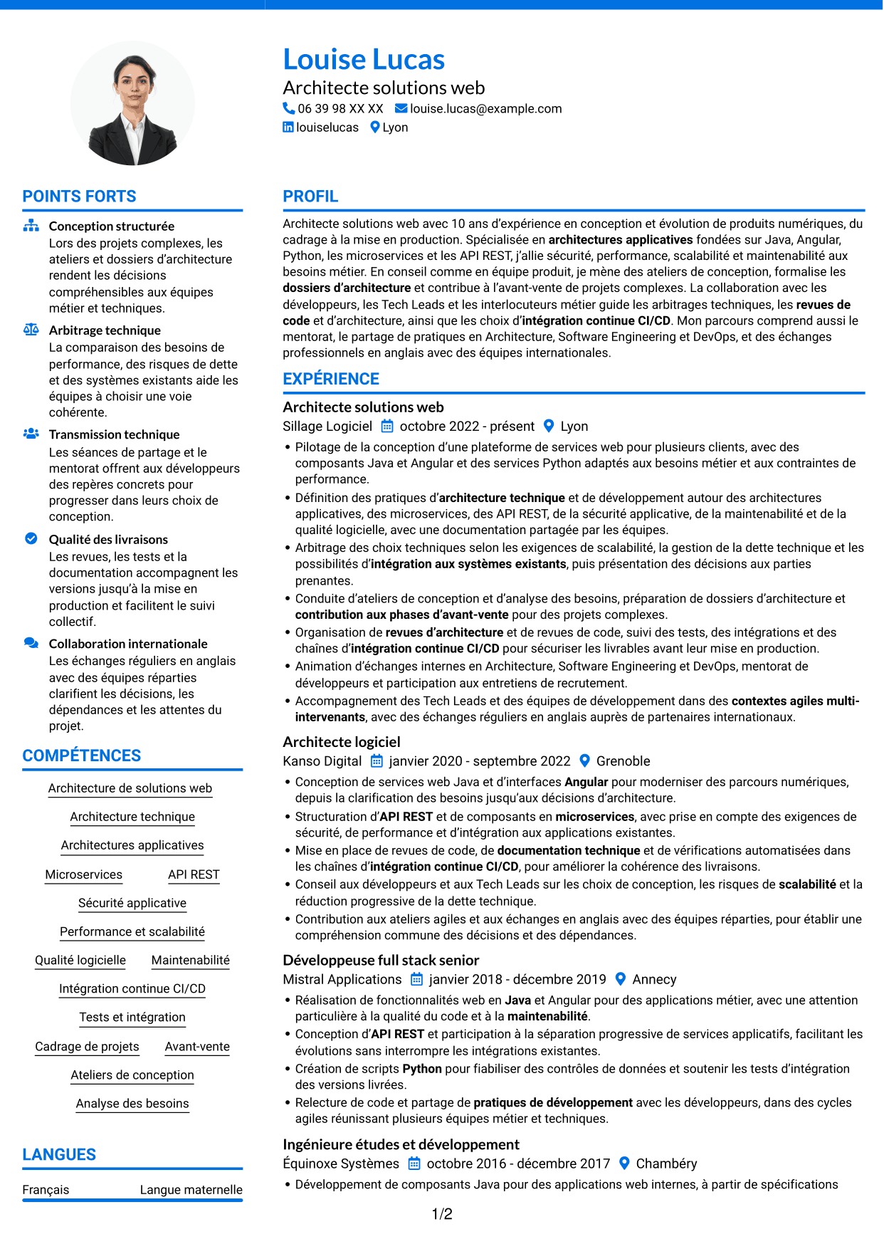 CV Audacieux (format à deux colonnes avec accents colorés et photo) : Architecte Solution Web - Java, Angular et Python, page 1