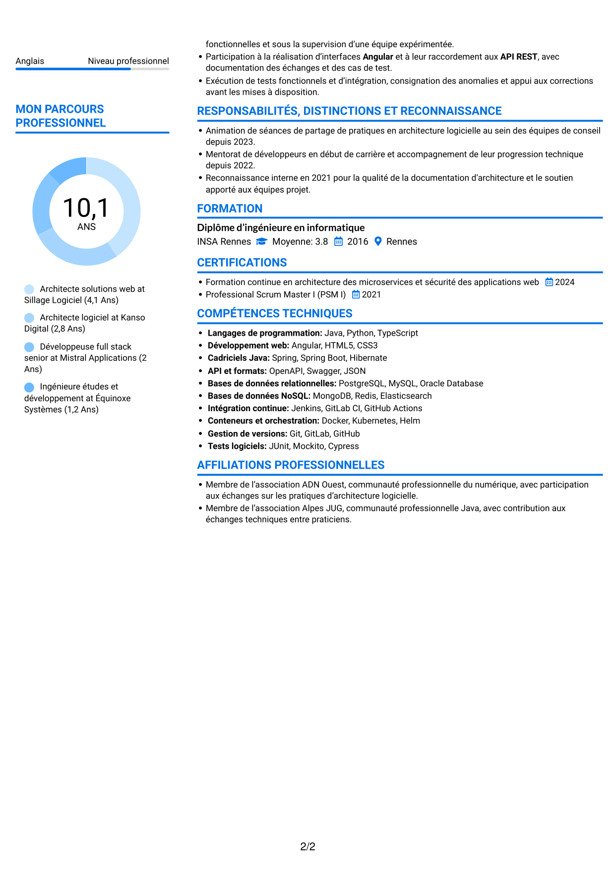 CV Audacieux (format à deux colonnes avec accents colorés et photo) : Architecte Solution Web - Java, Angular et Python, page 2