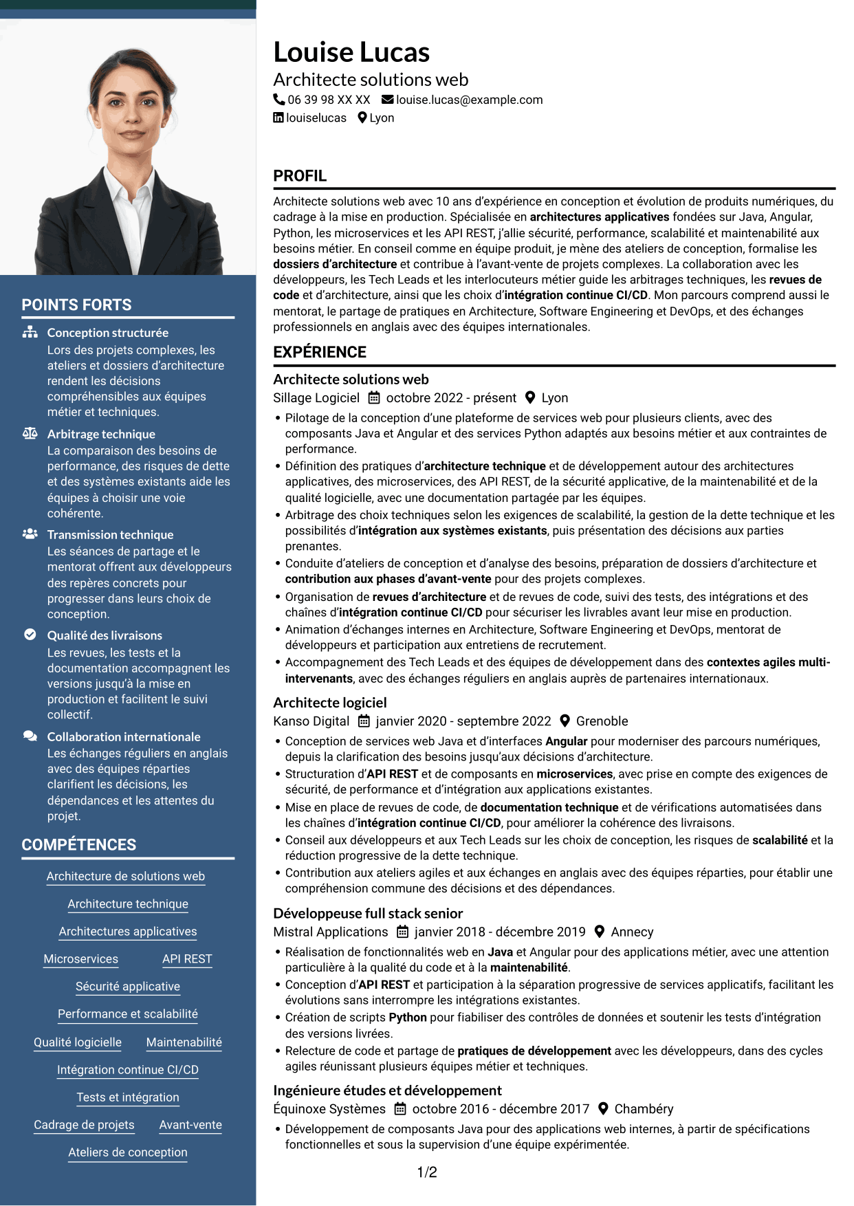 CV Signature (format à colonne latérale colorée avec grande photo) : Architecte Solution Web - Java, Angular et Python, page 1