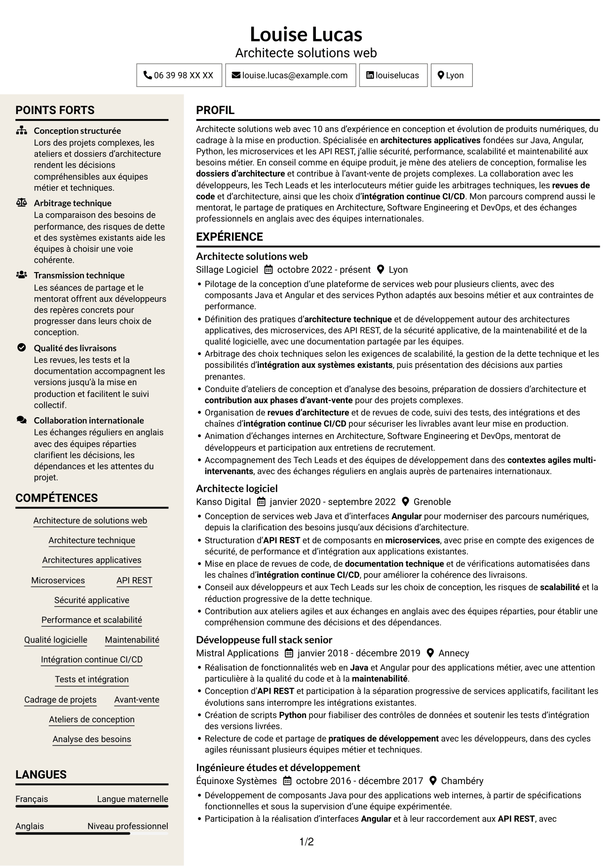CV Fonceur (format à deux colonnes avec en-tête centré sans photo) : Architecte Solution Web - Java, Angular et Python, page 1