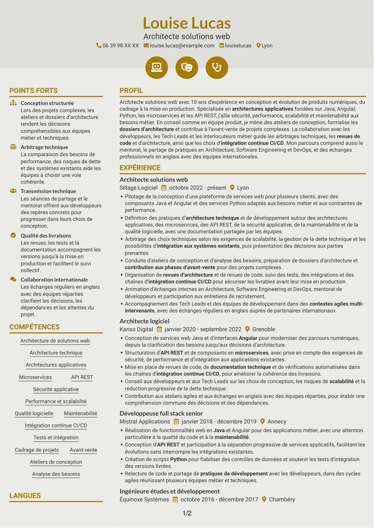CV Dynamique (format à deux colonnes avec icônes) : Architecte Solution Web - Java, Angular et Python, page 1