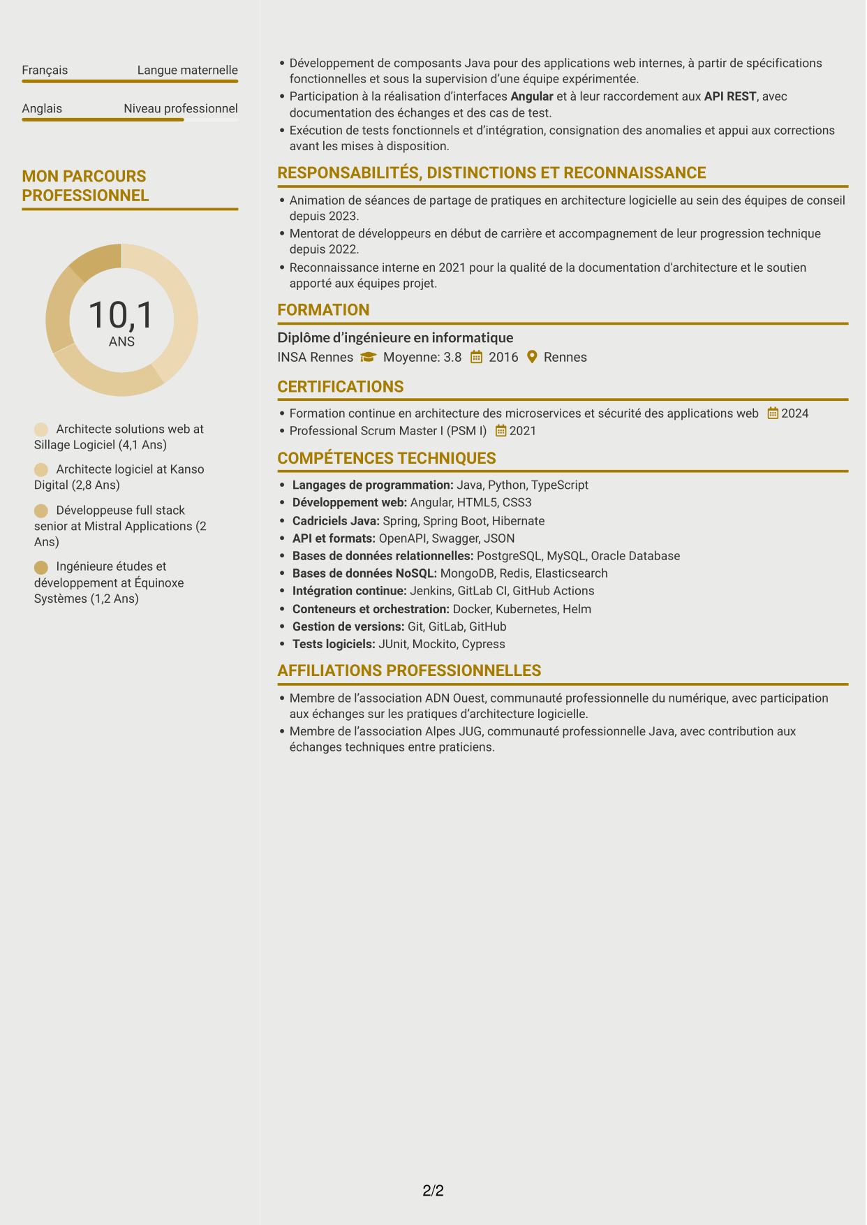 CV Dynamique (format à deux colonnes avec icônes) : Architecte Solution Web - Java, Angular et Python, page 2
