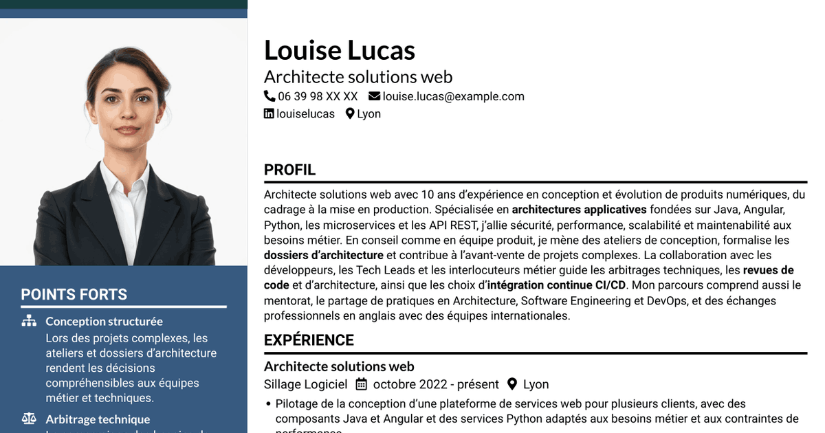 7 modèles de CV pour Architecte Solution Web - Java, Angular et Python, avec exemples