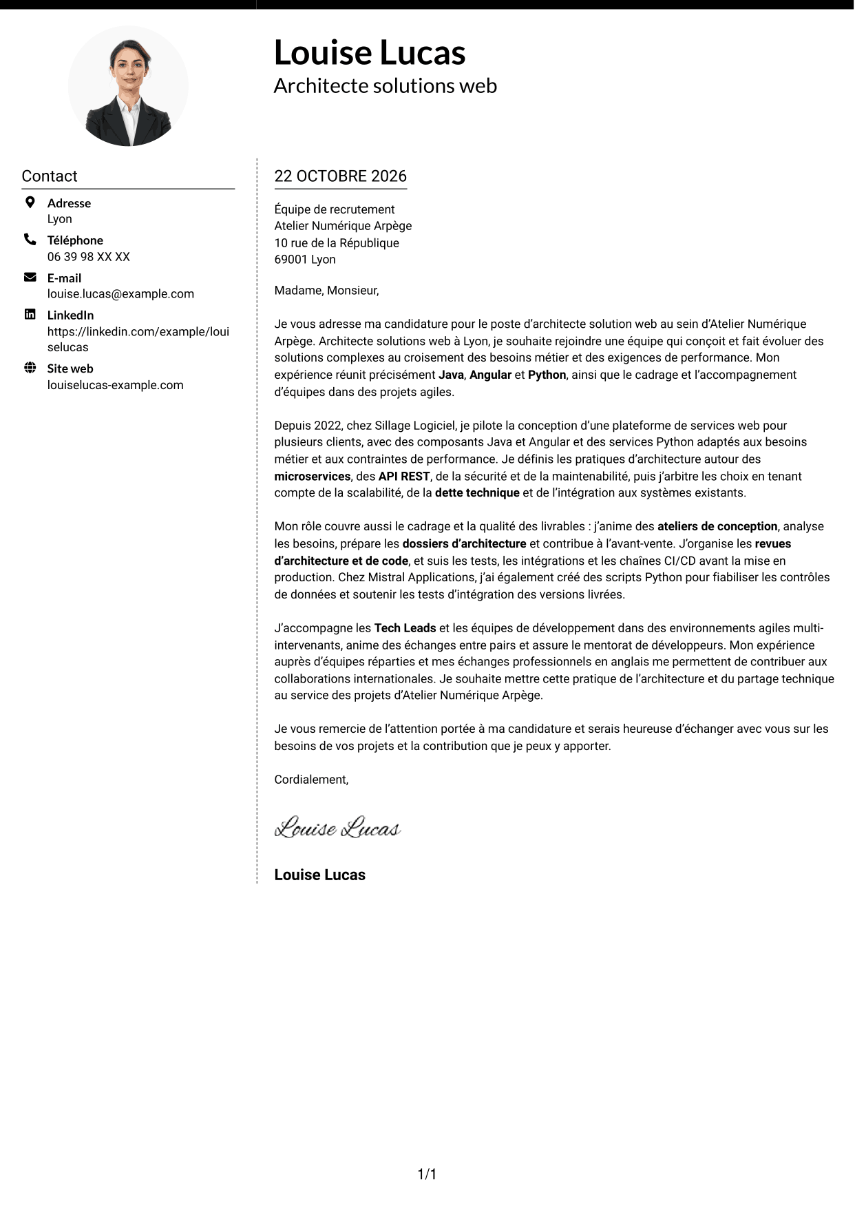 Lettre de motivation Moderne (format à deux colonnes avec photo à gauche et séparateur) : Architecte Solution Web - Java, Angular et Python, page 1