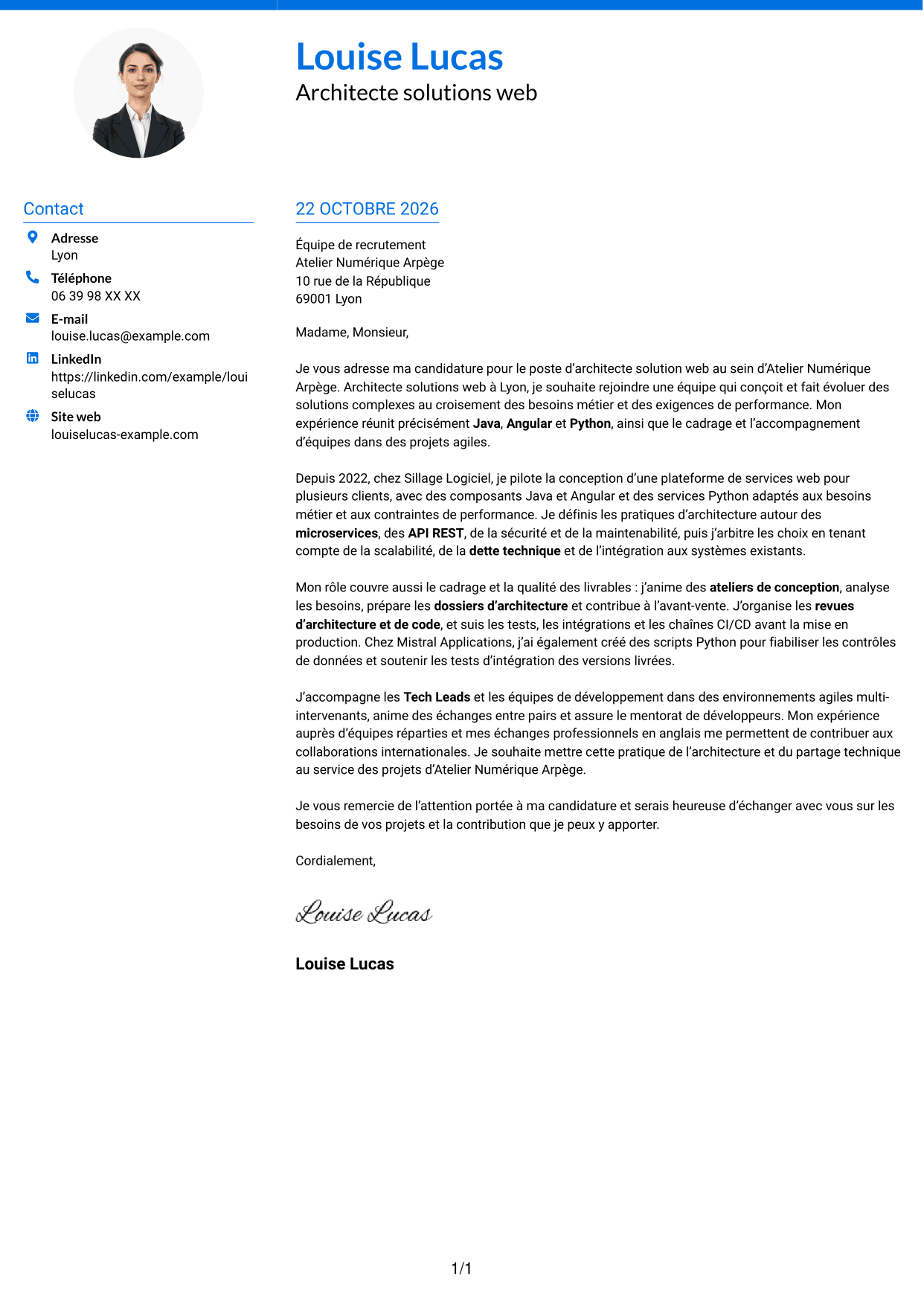 Lettre de motivation Audacieux (format à deux colonnes avec accents colorés et photo) : Architecte Solution Web - Java, Angular et Python, page 1
