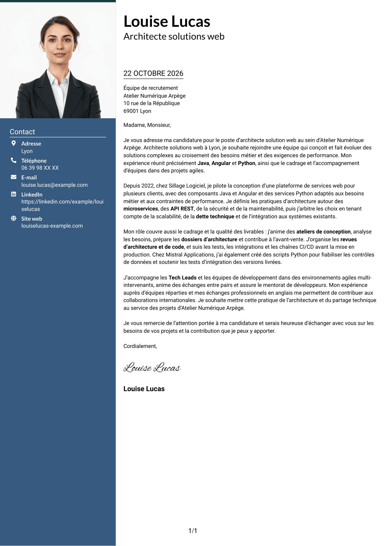 Lettre de motivation Signature (format à colonne latérale colorée avec grande photo) : Architecte Solution Web - Java, Angular et Python, page 1