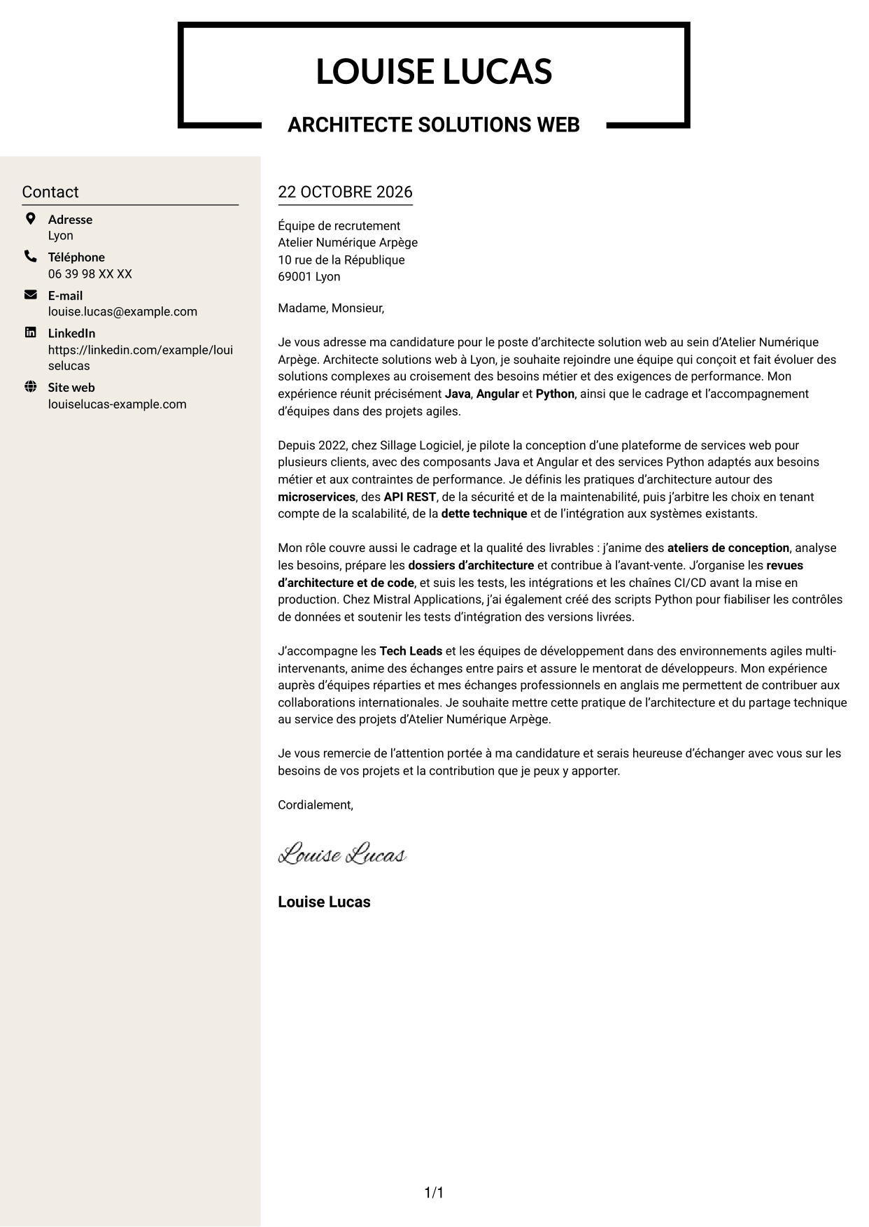 Lettre de motivation Fonceur (format à deux colonnes avec en-tête centré sans photo) : Architecte Solution Web - Java, Angular et Python, page 1