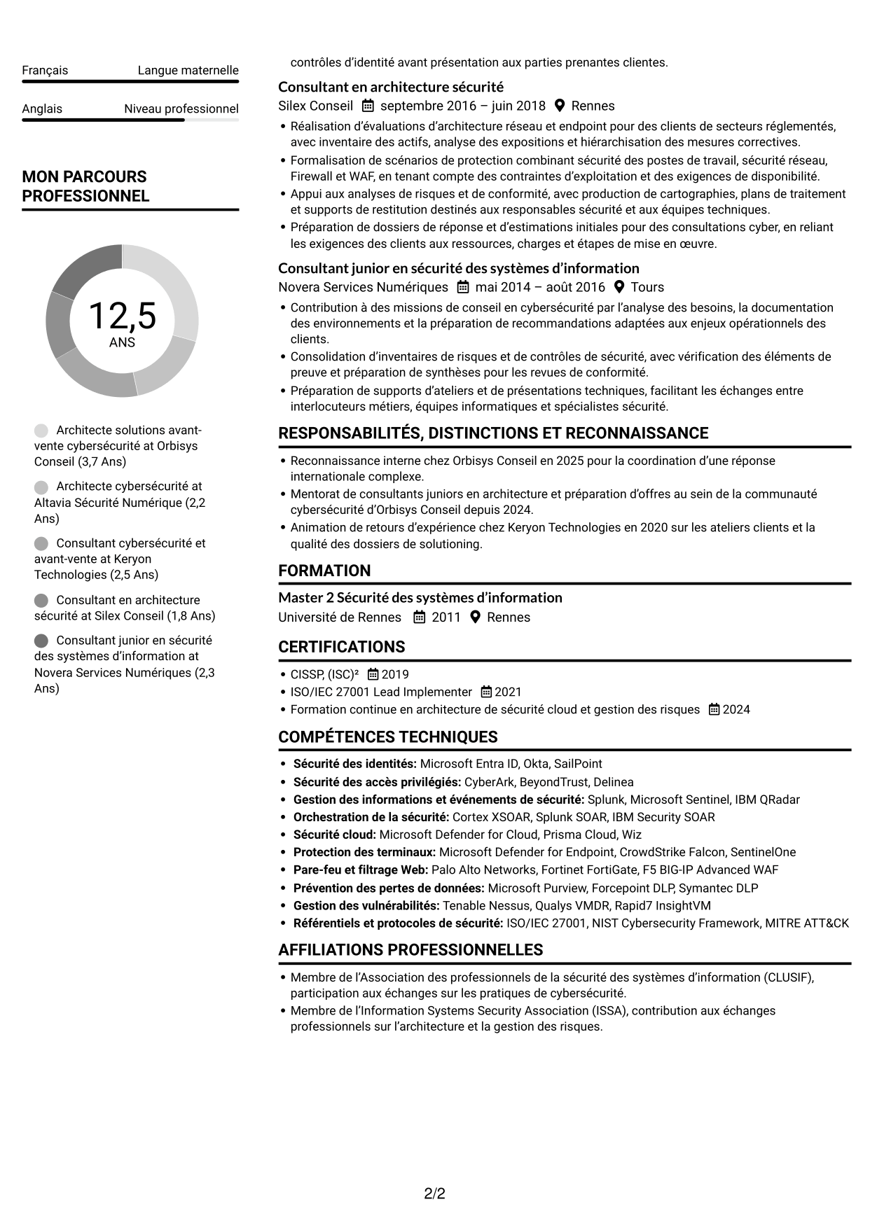 CV Compact (format sobre à deux colonnes avec photo) : Architecte Solutions Avant-Vente Cybersécurité, page 2