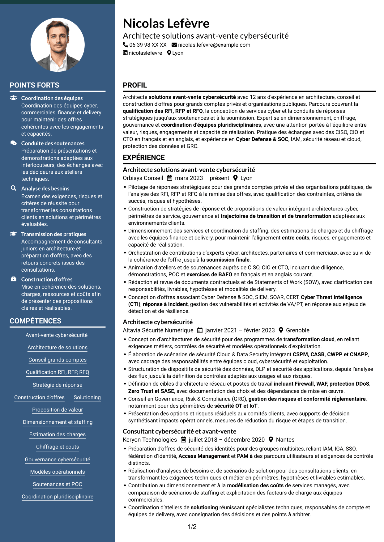 CV Élégant (format à colonne latérale colorée avec photo) : Architecte Solutions Avant-Vente Cybersécurité, page 1