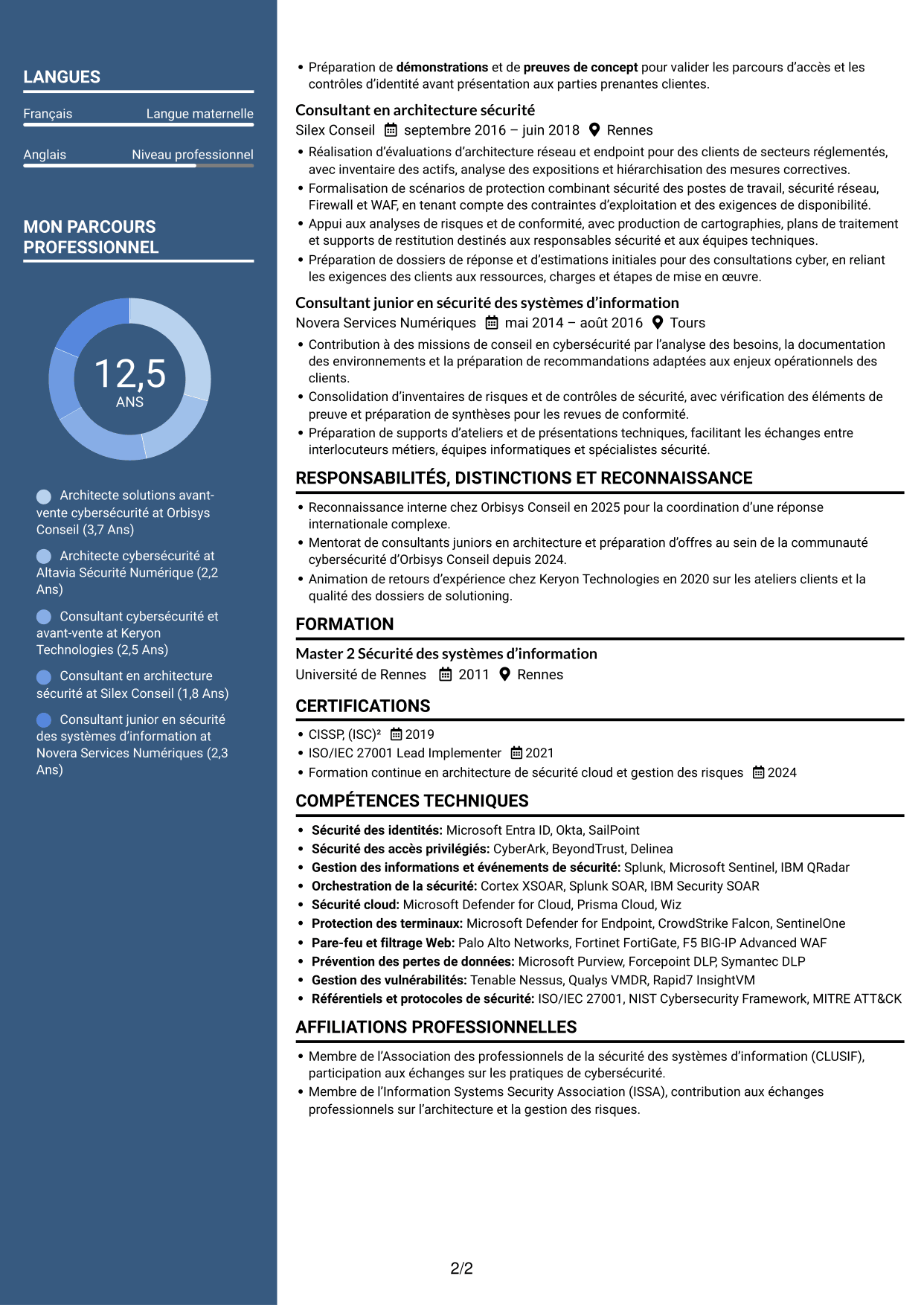 CV Élégant (format à colonne latérale colorée avec photo) : Architecte Solutions Avant-Vente Cybersécurité, page 2