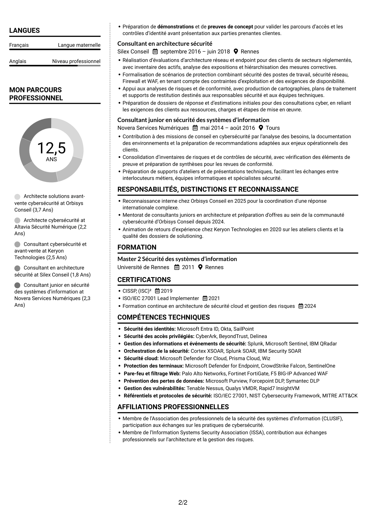 CV Moderne (format à deux colonnes avec photo à gauche et séparateur) : Architecte Solutions Avant-Vente Cybersécurité, page 2