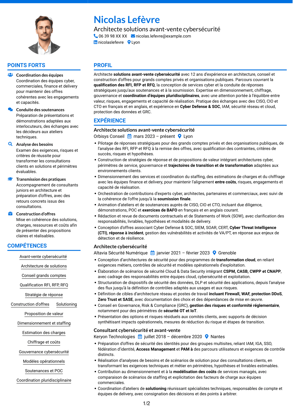 CV Audacieux (format à deux colonnes avec accents colorés et photo) : Architecte Solutions Avant-Vente Cybersécurité, page 1