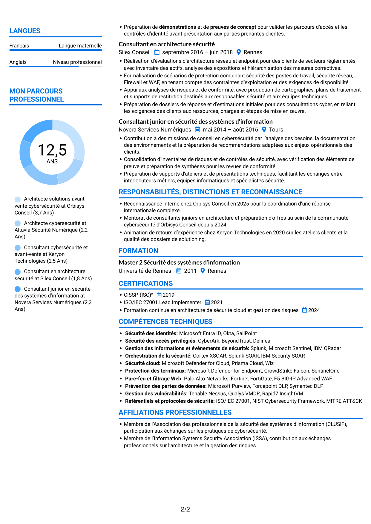 CV Audacieux (format à deux colonnes avec accents colorés et photo) : Architecte Solutions Avant-Vente Cybersécurité, page 2