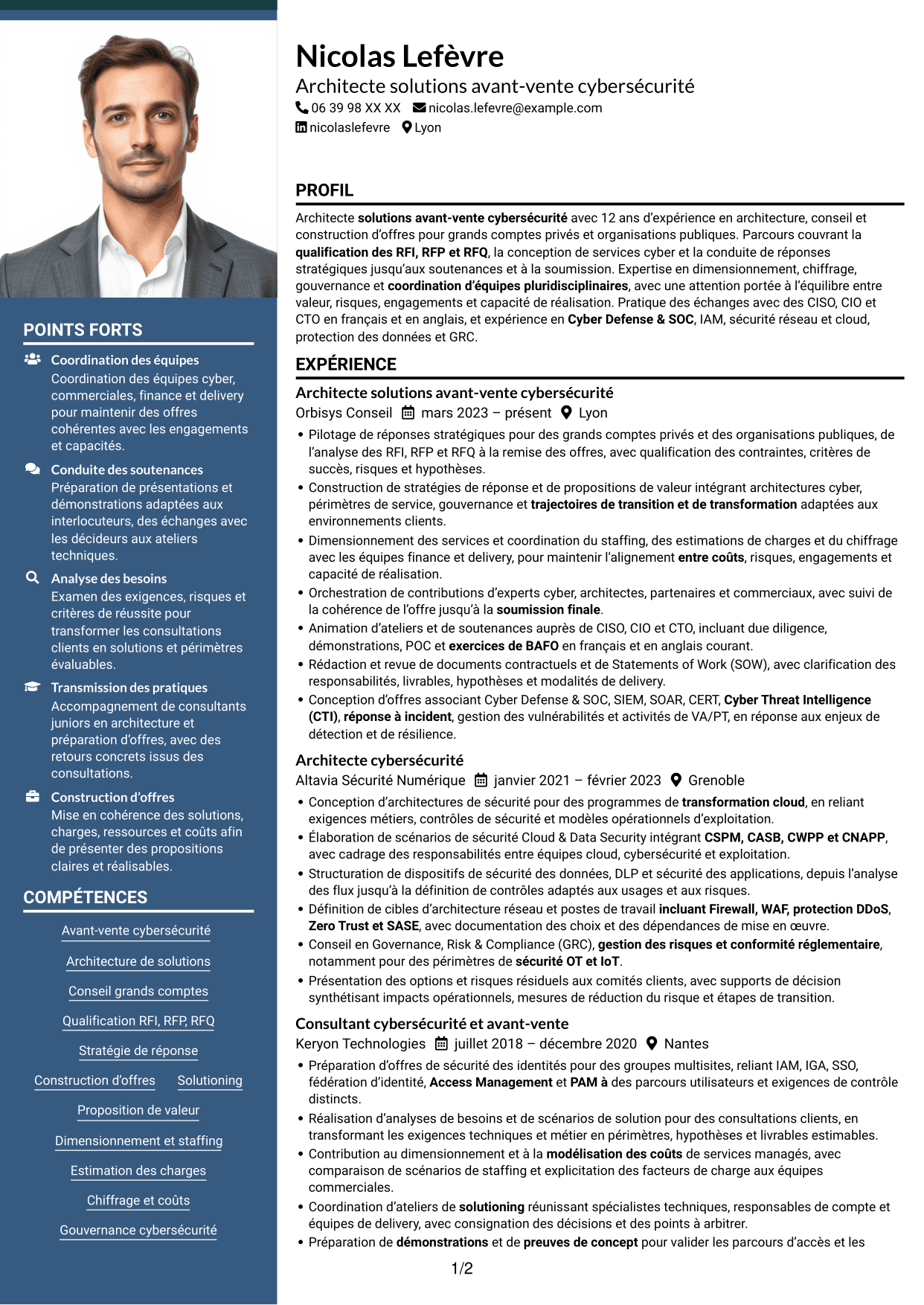 CV Signature (format à colonne latérale colorée avec grande photo) : Architecte Solutions Avant-Vente Cybersécurité, page 1