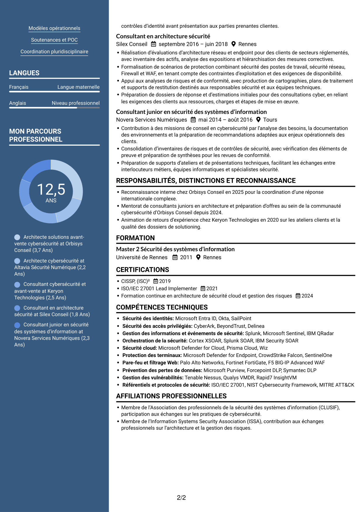 CV Signature (format à colonne latérale colorée avec grande photo) : Architecte Solutions Avant-Vente Cybersécurité, page 2
