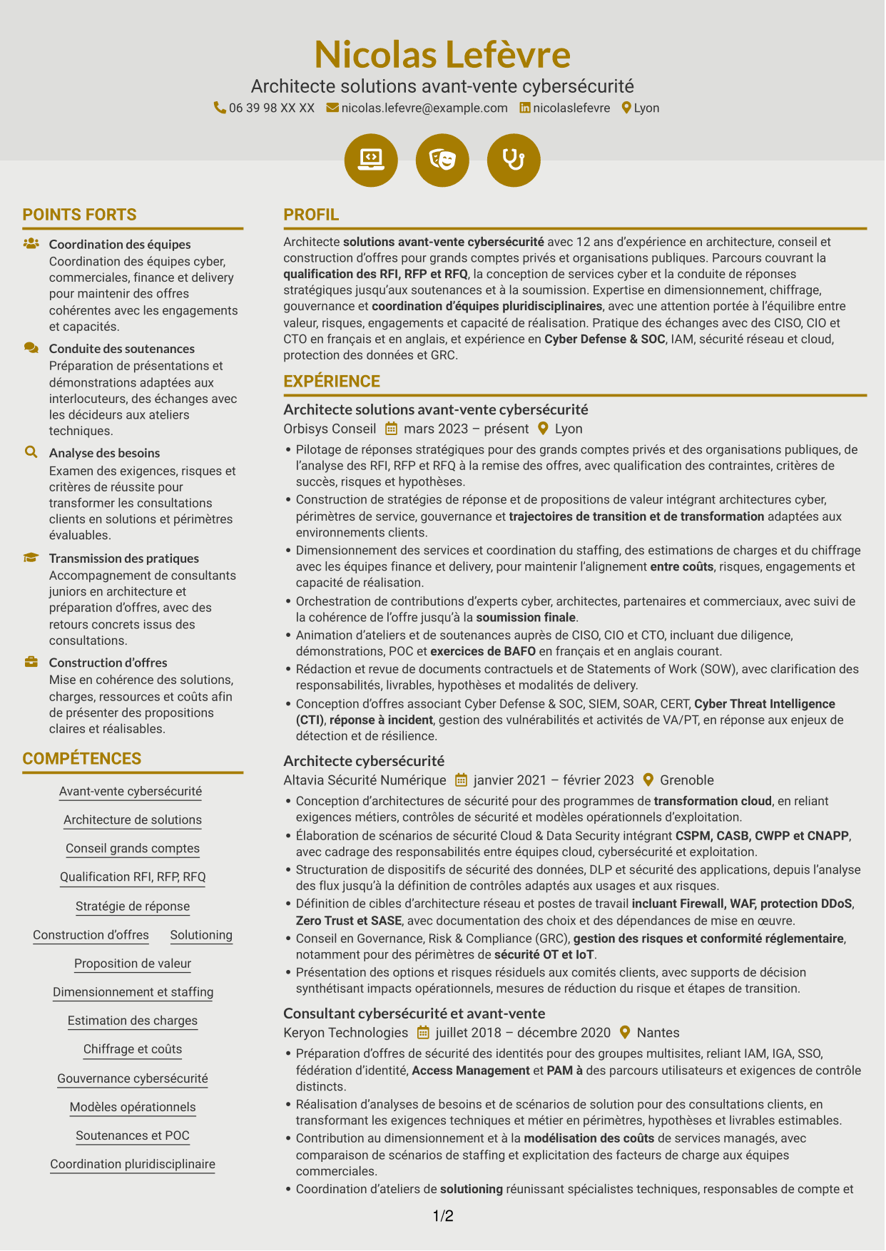 CV Dynamique (format à deux colonnes avec icônes) : Architecte Solutions Avant-Vente Cybersécurité, page 1