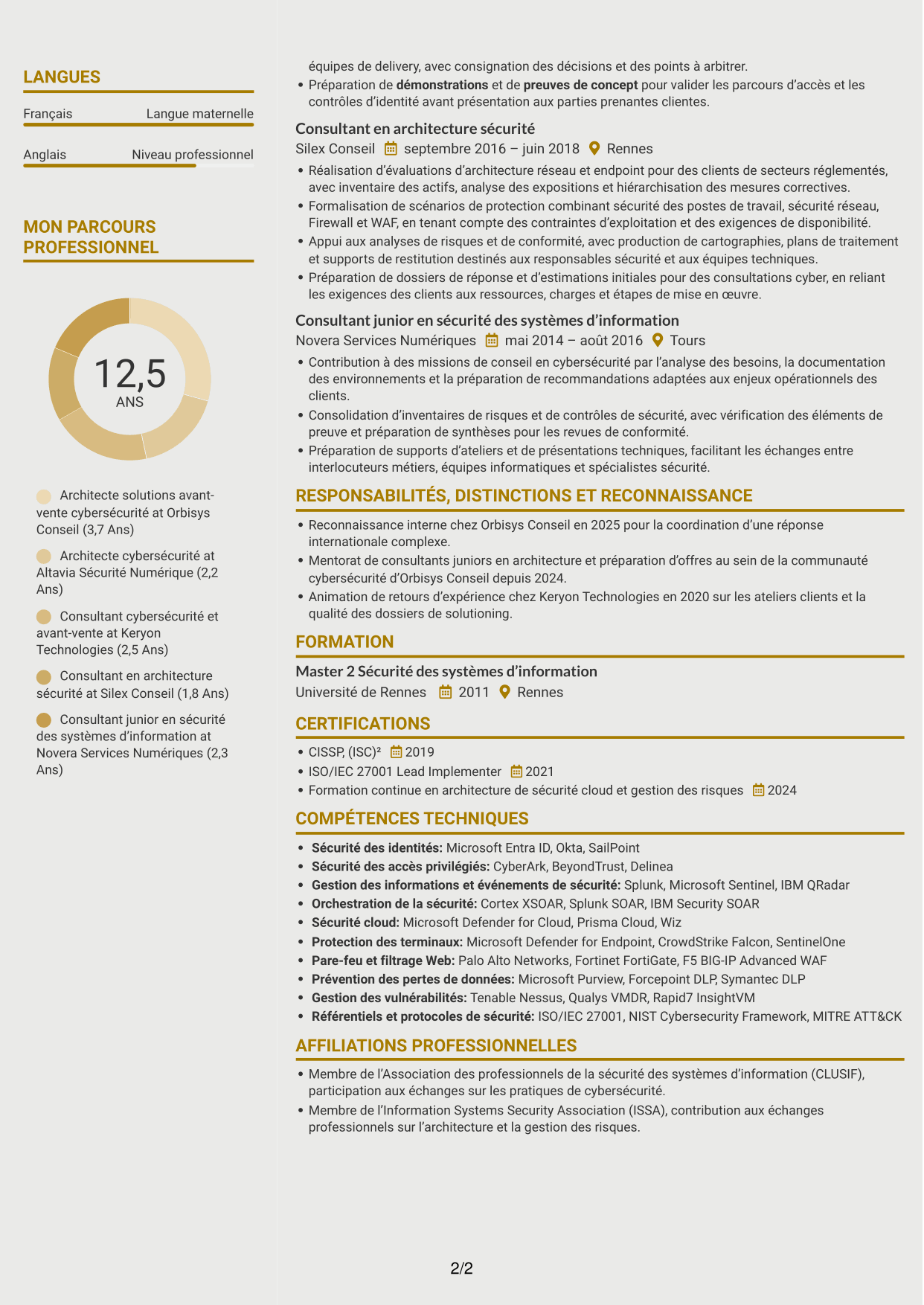 CV Dynamique (format à deux colonnes avec icônes) : Architecte Solutions Avant-Vente Cybersécurité, page 2